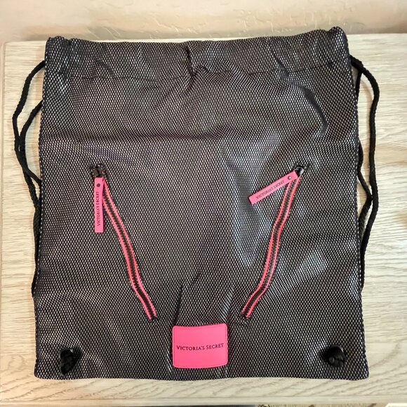 New Victoria's Secret Drawstring Backpack Bag Black Silver Mesh Pink Logo Lined - Picture 3 of 7